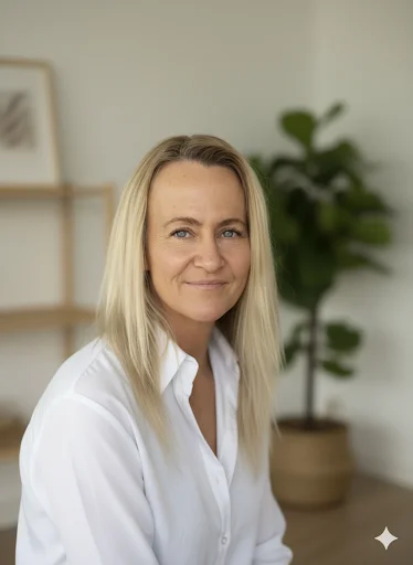Pia Riemer siddende i et roligt terapimiljø